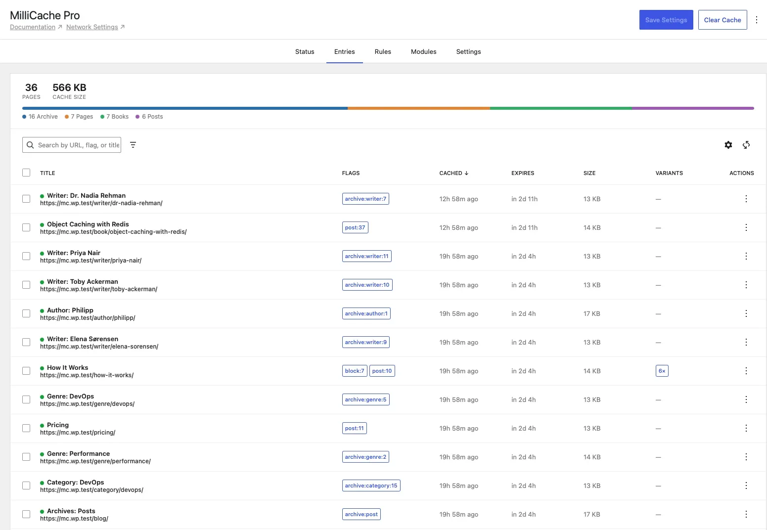 MilliCache Pro cache entry browser listing cached pages with flag chips, cache age, expiry, size and variants